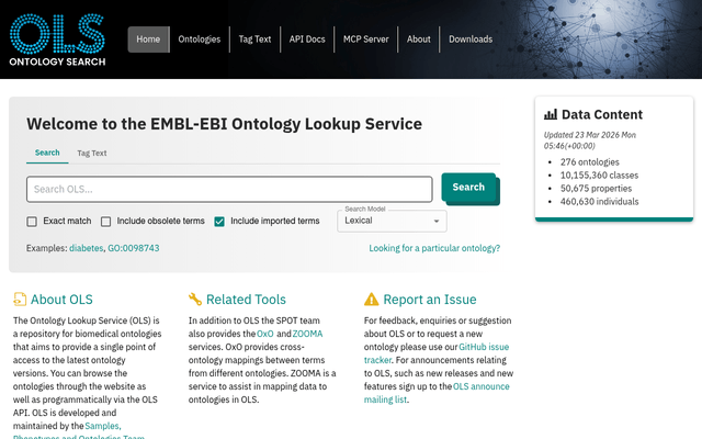 Screenshot of EMBL-EBI Ontology Lookup Service (OLS) API homepage