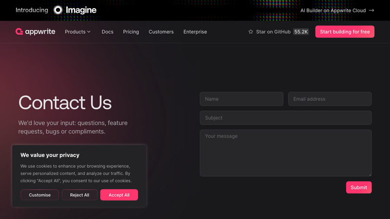Screenshot of Appwrite homepage