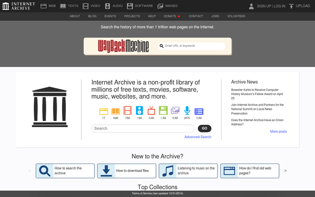 Screenshot of Internet Archive API homepage