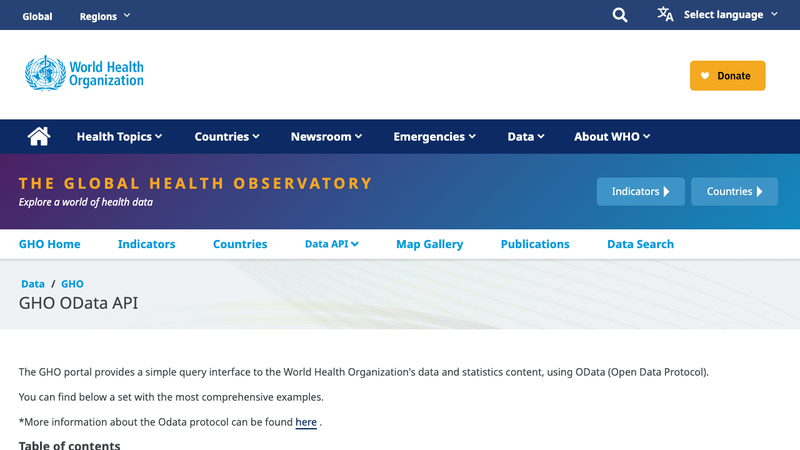 Screenshot of WHO Global Health Observatory homepage