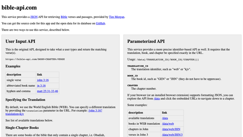 Screenshot of Bible API homepage