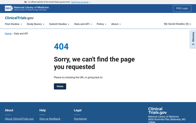 Screenshot of ClinicalTrials.gov API homepage