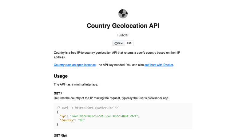 Screenshot of Country homepage