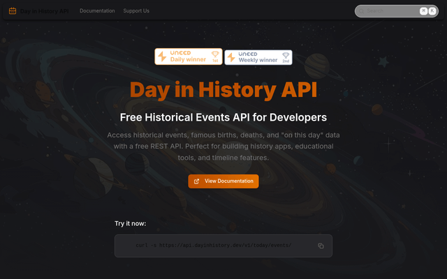 Screenshot of Day in History API homepage