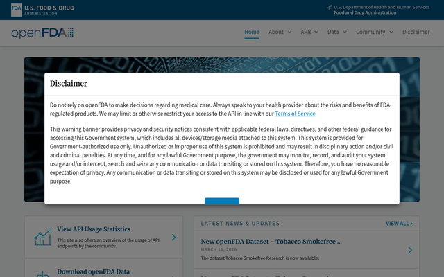 Screenshot of FDA Open API homepage