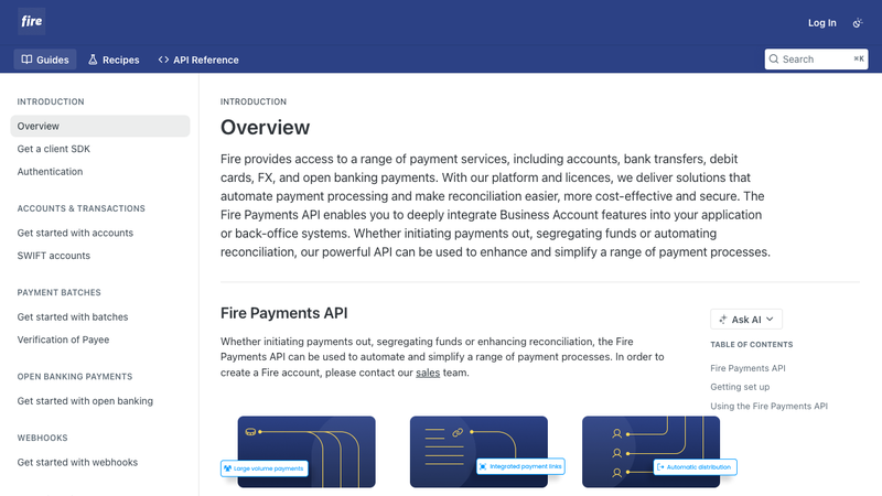 Screenshot of Fire Financial Services Business API homepage