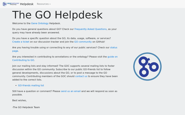 Screenshot of Gene Ontology API homepage