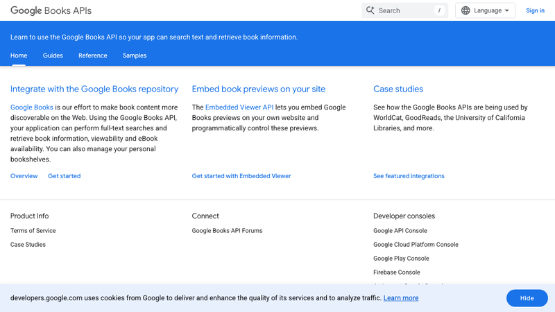 Screenshot of Google Books API homepage