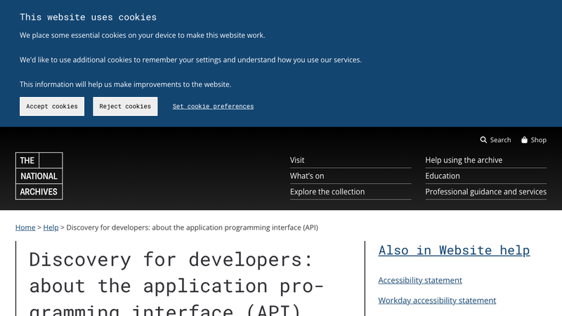 Screenshot of UK National Archives Discovery API homepage