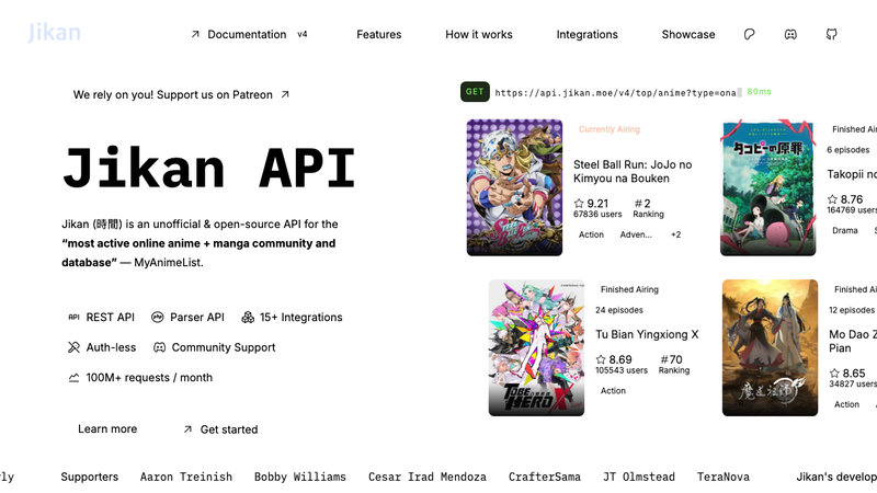 Screenshot of MyAnimeList API (via Jikan) homepage