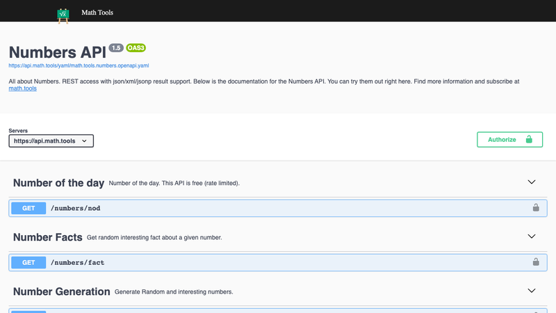 Screenshot of Numbers API homepage