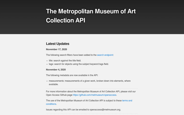 Screenshot of Met Museum Collection API homepage