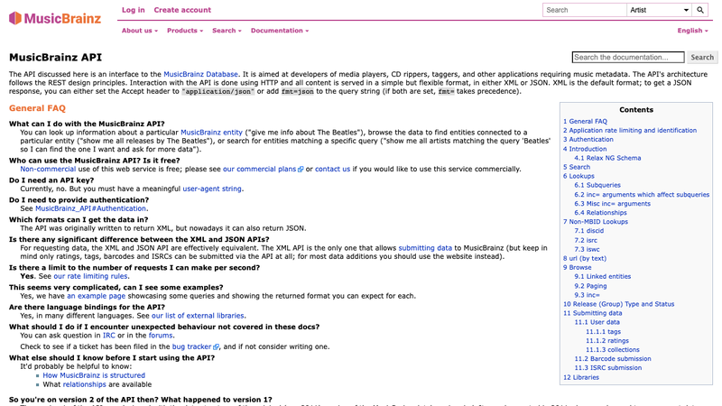 Screenshot of MusicBrainz API homepage