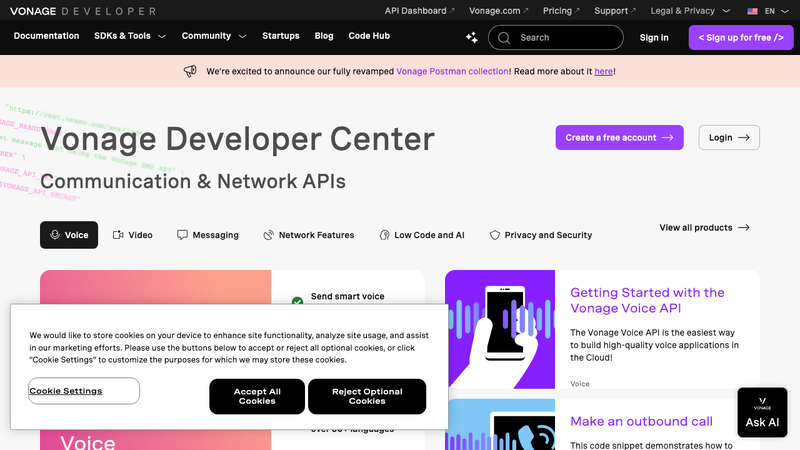 Screenshot of Nexmo Application API homepage