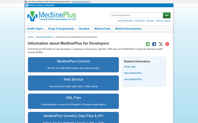 Screenshot of MedlinePlus API homepage