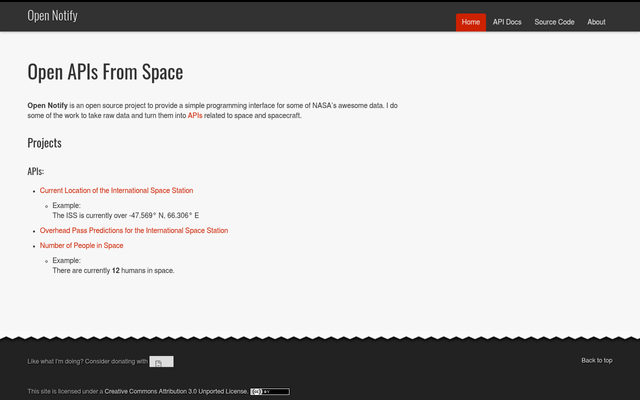 Screenshot of Open Notify API homepage