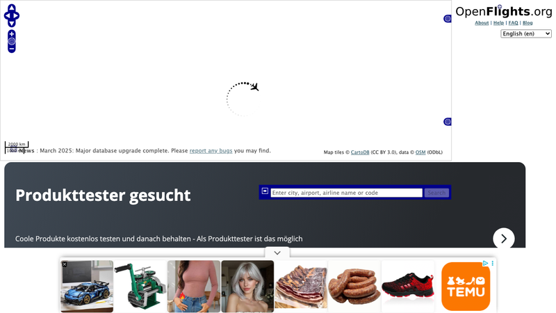 Screenshot of OpenFlights API homepage