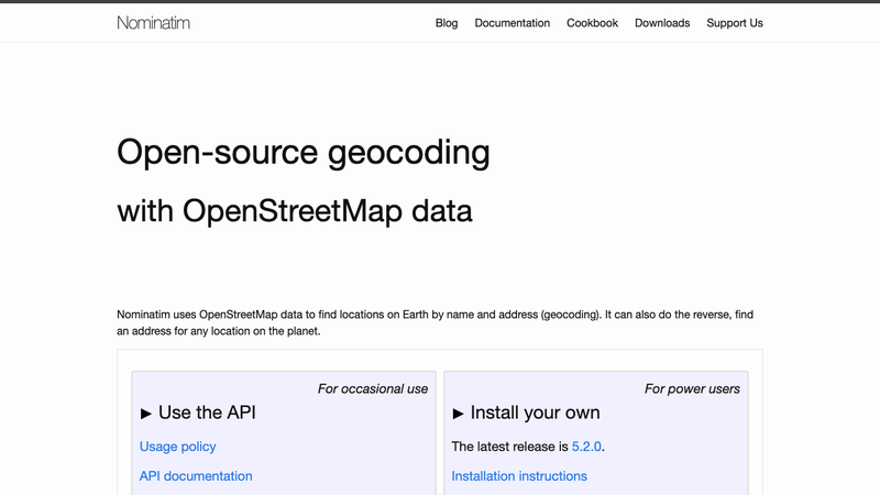 Screenshot of Nominatim API homepage