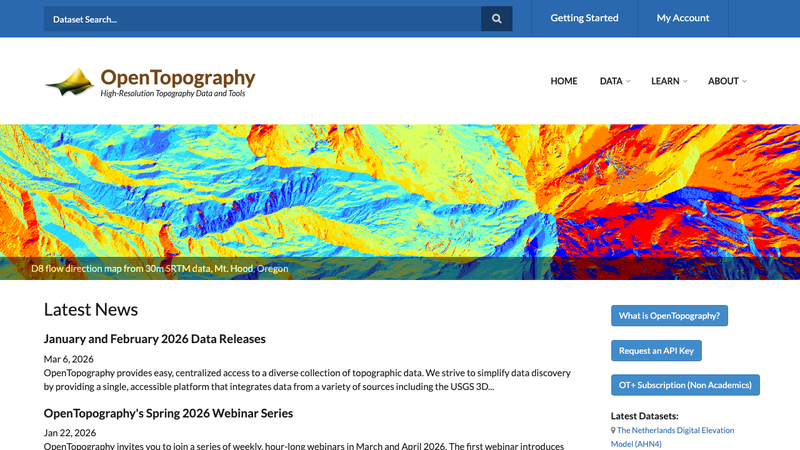 Screenshot of OpenTopography API homepage