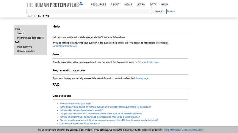 Screenshot of Human Protein Atlas API homepage