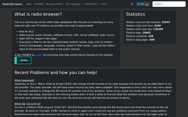 Screenshot of Radio Browser API homepage