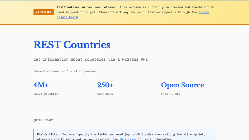 Screenshot of REST Countries API homepage