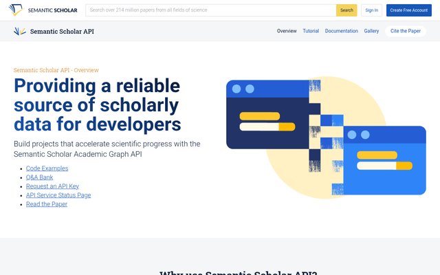 Screenshot of Semantic Scholar API homepage