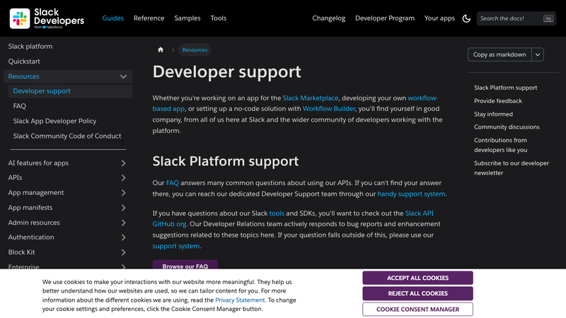 Screenshot of Slack Web API homepage