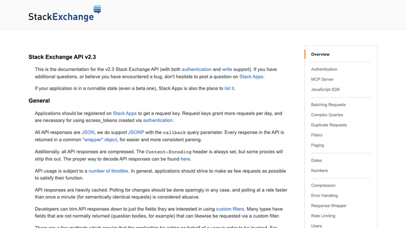 Screenshot of MathOverflow API homepage