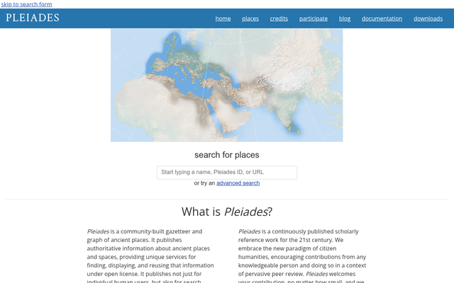 Screenshot of Pleiades Places API homepage