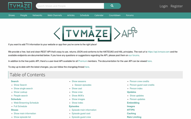 Screenshot of TVMaze API homepage