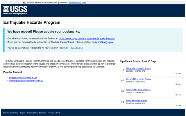 Screenshot of USGS Earthquake API homepage