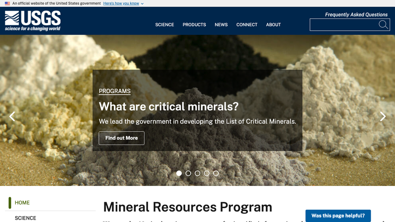 Screenshot of USGS Mineral Resources homepage