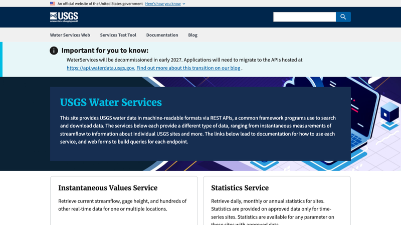 Screenshot of USGS Water Services homepage