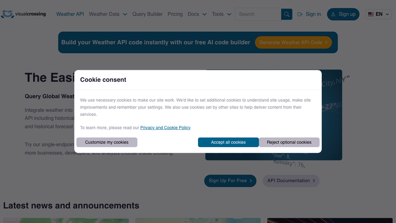 Screenshot of Visual Crossing Weather API homepage