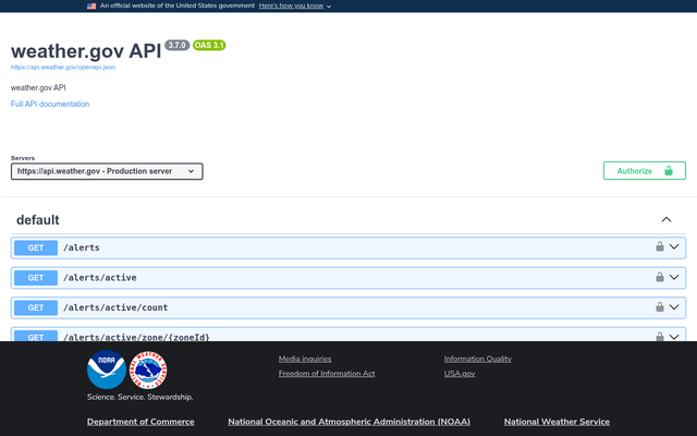 Screenshot of National Weather Service API homepage