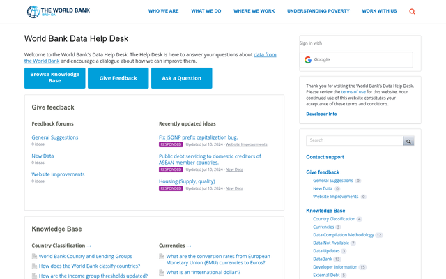 Screenshot of World Bank API homepage